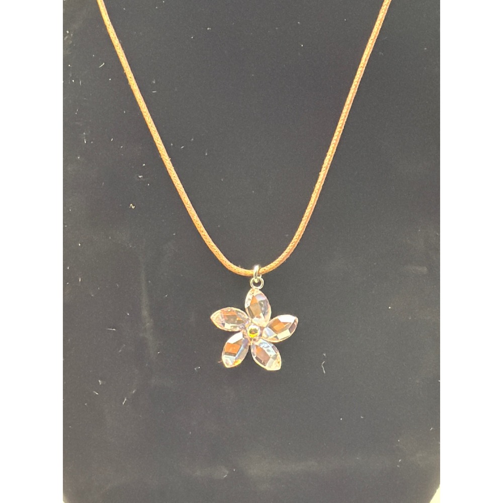 Swarovski Crystal Flower Pendant Necklace Brown Cord Iridescent Silver Tone Swan